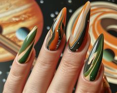 Stiletto Green, Brown and Orange Manicure Green And Mustard Nails, Orange And Green Nails Acrylic, Orange And Green Nail Designs, Earth Tone Nails Designs, Hunter Green Nails Design, Green Acrylic Nails Designs, Orange And Brown Nails, Brown And Green Nails, Green And Orange Nails