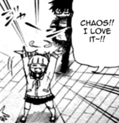 an image of a cartoon character holding up a sign that says chaos i love it