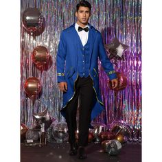 Classic yet stylish, solid-color tuxedos remain a popular occasion attire choice. A Victorian tuxedo can be paired with a shirt, dress pants, and will make you stand out in any crowd. Costume tuxedos are easy to wear and can be dressed up or down depending on occasions, perfect for themed events, parties, proms, cosplays, festivals, Halloween and more. Fitted Blue Costume For Winter, Blue Long Sleeve Costumes For Themed Events, Blue Winter Party Costume, Elegant Formal Halloween Outerwear, Fitted Formal Outerwear For Halloween, Long Sleeve Suits For Winter Costume Party, Long Sleeve Suits For Holiday Costume Party, Elegant Formal Outerwear For Halloween, Winter Costume Suits With Long Sleeves