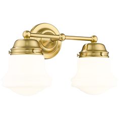 two light brass bathroom fixture with frosted glass shades