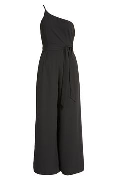 Elevate your special-occasion style with this asymmetric jumpsuit featuring a tie belt and a flowy, wide-leg silhouette. Hidden back-zip closure Asymmetric neck Adjustable strap Removable tie belt Partially lined 95% polyester, 5% spandex Hand wash, dry flat Imported Summer Evening Jumpsuits And Rompers With Tie Waist, Summer Evening Jumpsuits With Tie Waist, Chic Jumpsuits And Rompers With Tie Waist Maxi Length, Chic Strapless Maxi Jumpsuit For Evening, Chic Wide Leg Jumpsuits And Rompers With Tie Back, Chic Evening Jumpsuit With Tie Back, Asymmetrical Jumpsuits And Rompers For Spring Formal, Asymmetrical Jumpsuits And Rompers For Formal Spring Events, Chic Maxi Length Tie Back Jumpsuits And Rompers