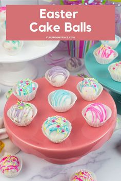 easter cake balls on a pink plate with white frosting and sprinkles