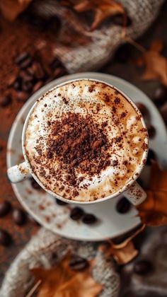 a cappuccino on a saucer surrounded by coffee beans and autumn leaves