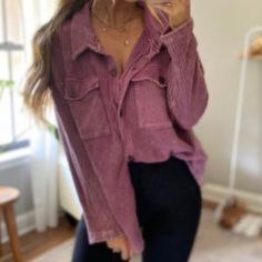 Distressed Waffle Shacket In A Gorgeous Berry Color Berry Waffles, Berry Color, Pink Purple, Waffles, Berry, Womens Tops, My Style, Purple, Pink