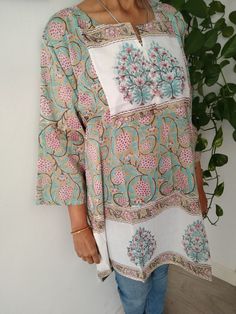 Cotton tunic Multicolor Kurta For Beach And Spring Season, Bohemian Floral Print Summer Tunic, Printed Straight Kurta Tunic For Spring, Bohemian Floral Print Tunic For Summer, Bohemian Beach Tunic Dress, Bohemian Green Printed Beach Dress, Green Bohemian Dress With Split Neck, Flowy Tunic For Festivals, Flowy Floral Print Tunic For Vacation