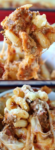 two pictures of pasta with meat and cheese on it, one is being held up by a fork