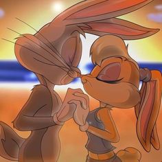 two cartoon rabbits kissing each other on the beach