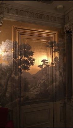 a painting on the wall in a room with an open door to another room that has trees and clouds painted on it