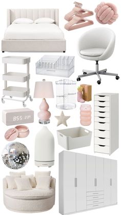 a collage of white furniture and accessories