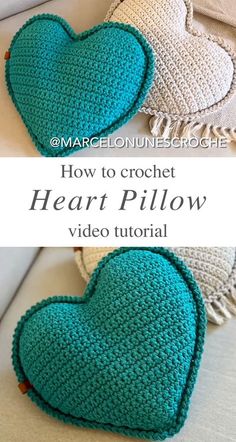 two crocheted heart pillows sitting on top of a couch with text overlay that says how to crochet heart pillow video tutor