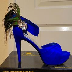 New, Unworn Peacock Heels In Brilliant Royal Blue. 100% Silk Manmade Sole Heel Approx 4 1/2" Platform Approx 1 1/2" Royal Blue Open Toe Heels For Party, Blue High Heels For Cocktail, Blue High Heel Cocktail Heels, Royal Blue High Heel Evening Heels, Peacock Heels, Johnathan Kayne, Colored Shoes, Peacock Theme, Blue Wedding Shoes