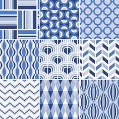 a set of blue and white geometric patterns