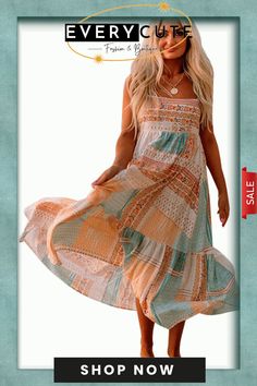 Boho Patchwork Print Square Neck Sundress Chic Summer Midi Dress With Patchwork, Orange Patchwork Maxi Dress, Multicolor Floral Patchwork Midi Dress, Multicolor Midi Dress With Floral Patchwork, Orange Sleeveless Patchwork Dress, Summer Maxi Patchwork Dress, Summer Floral Patchwork Maxi Dress For The Beach, Summer Beach Maxi Dress With Floral Patchwork, Casual Flowy Floral Patchwork Dresses