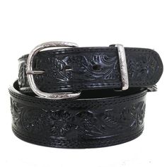 1 7/8" tapered to 1 1/2" black leather belt with floral tooling down the center and double row of black stitching on each side. Western Style Hand Tooled Belt For Formal Wear, Classic Black Concho Belt Buckles, Black Leather Embroidered Belt Buckles, Western Black Embroidered Belt, Black Western Style Embroidered Belt, Black Hand Tooled Western Belt Buckles, Formal Black Embroidered Belt, Black Hand Tooled Leather Belt Buckles, Black Leather Hand Tooled Belt Buckles