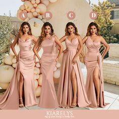 the bridesmaids are all wearing different styles of gowns and one is in pink