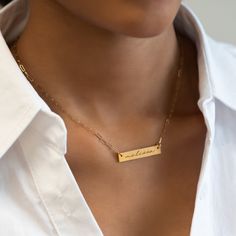 This personalized engraved bar necklace is the perfect keepsake jewelry piece. Bar 1.2x0.2in (31x5mm) Adjustable chain length: 17-20in (38-51cm) Laser Engraving Gold Filled Spring clasp closure Hypoallergenic, lead and nickel free #252GF Elegant Nameplate Necklace With Engraving Option, Elegant Rectangular Name Necklace, Silver Nameplate Bar Necklace For Everyday, Gold Bar Necklace With Nameplate, Gold Nameplate Bar Necklace, Minimalist Custom Name Bar Necklace For Anniversary, Everyday Nameplate Bar Necklace With Custom Name, Everyday Custom Nameplate Bar Necklace, Classic Engraved Bar Necklace As Gift