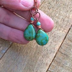 Green Czech Glass and Turquoise Teardrop Earrings – Rustica Jewelry Genuine Turquoise Jewelry, Copper And Turquoise, Green Dangle Earrings, Turquoise Dangle Earrings, Diy Jewelry Earrings, Dangle Earrings Boho, Wire Jewelry Tutorial, Turquoise Earrings Dangle, Wire Work Jewelry