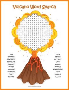 the volcano word search is shown in an orange and white poster with words on it