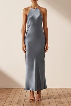 La Lune Low Back Halter Neck Midi Dress | Blue Smoke | Dresses | Shona Joy – Shona Joy International Grey Dress Outfit Wedding, Blue Slip Dress Outfit, Grey Wedding Guest Dress, Grey Dress Outfit, Grey Satin Dress, Grey Silk Dress, Halter Neck Midi Dress, Blue Slip Dress, Satin Halter Dress