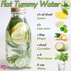 a glass jar filled with lemon slices, cucumber and mint leaves next to a cup of water