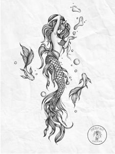 a drawing of a mermaid with fish on it's back and the words, i love