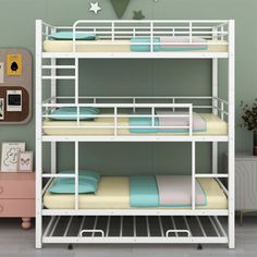 the bunk bed is white and has two sets of mattresses on each level,