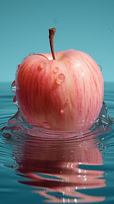 an apple is floating in the water with bubbles