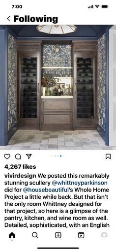 an instagramted photo of the front door of a house with blue walls and white trim