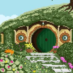 a pixel art image of a green door in the middle of a field with flowers