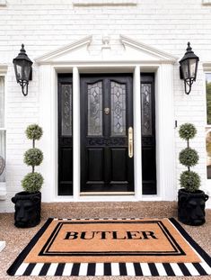 a black and white front door with two potted plants on the rug next to it