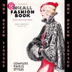 an old fashion book cover featuring a woman in red and black dress with fur coat