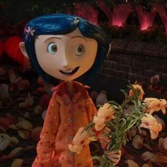 a cartoon character holding flowers in front of some rocks and water fountain with lights behind her