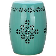 a teal colored vase with an intricate design on the top and bottom, sitting in front of a white background