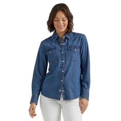 Embrace your western side with this ultra-fashionable Women's Lee® Legendary Western Shirt. Click on this WOMEN'S GUIDE to find the perfect fit and more! Embrace your western side with this ultra-fashionable Women's Lee® Legendary Western Shirt. Click on this WOMEN'S GUIDE to find the perfect fit and more! FEATURES Western-style denim shirt 2 pockets Snap front Snap cuffs Long sleeves Collared necklineFIT & SIZING 26 3/4-in. lengthFABRIC & CARE Cotton Machine wash and tumble dry Imported Size: L Western Style Relaxed Fit Button-up Tops, Western Style Medium Wash Shirt For Rodeo, Relaxed Fit Medium Wash Shirt For Rodeo, Western Style Medium Wash Relaxed Fit Shirt, Classic Relaxed Fit Rodeo Shirt, Classic Relaxed Fit Shirt For Rodeo, Classic Medium Wash Shirt For Rodeo, Western Style Relaxed Fit Shirt For Ranch, Classic Button-up Top For Rodeo