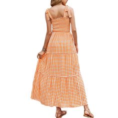 Orange Smocked Bohemia Plaid Print Tiered Maxi Dress Casual Ruched Maxi Dress For Beach Season, Flowy Casual Smocked Dress For Summer, Casual Cotton Smocked Dress For Summer, Casual Flowy Smocked Dress For Summer, Casual Smocked Beach Dress, Spring Smocked Dress For Picnic, Smocked Dress For Spring Picnic, Spring Smocked Dress For Picnics, Casual Beach Season Dress With Smocked Bodice