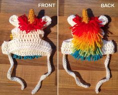 two pictures of a crocheted unicorn hat and the same one has a rainbow horn on it