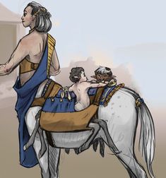 a man riding on the back of a white horse next to a woman in a blue dress