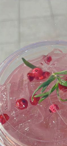 a glass bowl filled with pink liquid and garnished with green leaves on top