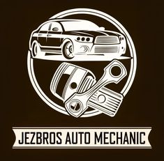 the logo for jezbro's auto mechanic shows two cars in a circle