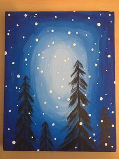 a painting of snow falling in the night sky with pine trees and moon on it