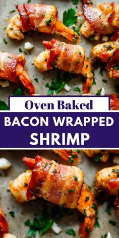 bacon wrapped shrimp on a baking sheet with parsley