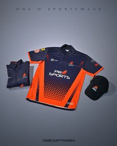 an orange and blue jersey with matching hat is displayed on a gray background in this advertisement