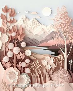 a paper cut landscape with flowers and trees