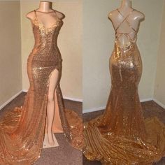 Sexy Gold Sequin Spaghetti-Straps Slit Prom Dresses · Yaydressy · Online Store Powered by Storenvy Mermaid Gown Prom, Gold Prom, Prom Girl Dresses, Spaghetti Strap Prom Dress, Sequin Evening Dresses, Dresses Mermaid, Sequin Prom Dresses, Dresses Homecoming, Dresses Bridesmaid