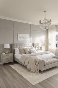 a bedroom with a bed, dresser and chandelier