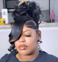 Updo Pinup Hairstyles For Black Women, Pin Up With Bangs Black Women, Updo With Weave For Black Women, Pinup Ponytail Hairstyles Black Hair, Pin Curl Bun With Bang, Curly Bun With Bangs Black Women, Pincurl Ponytail Updo Black Women, Up Do For Black Women, Curly Pin Up Hairstyles Black Women