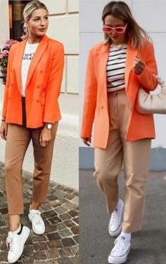 Tangerine Blazer Outfit, Orange Blazer Outfits For Women Casual, Blazer Naranja Outfit Mujer, Outfits Con Blazer Naranja, Orange Blazer Outfits For Women, Coral Blazer Outfit, Orange Jacket Outfit, Linen Blazer Outfit Women, Orange Blazer Outfits