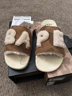 VERY RARE Bape x Ugg Xavier Fur Logo Sandals/Slides  | eBay Leather Slides For Streetwear, Leather Slide Sandals For Streetwear, Uggs Sneakers, Goat Shoes, Bape Shoes, Cute Slides, Designer Slides, Pretty Shoes Sneakers, Mens Shoes Sandals