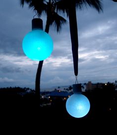 two blue and white lights hanging from a palm tree at night with the sky in the background