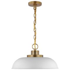 an antique brass finish pendant light with white glass shade and chain hanging from the ceiling